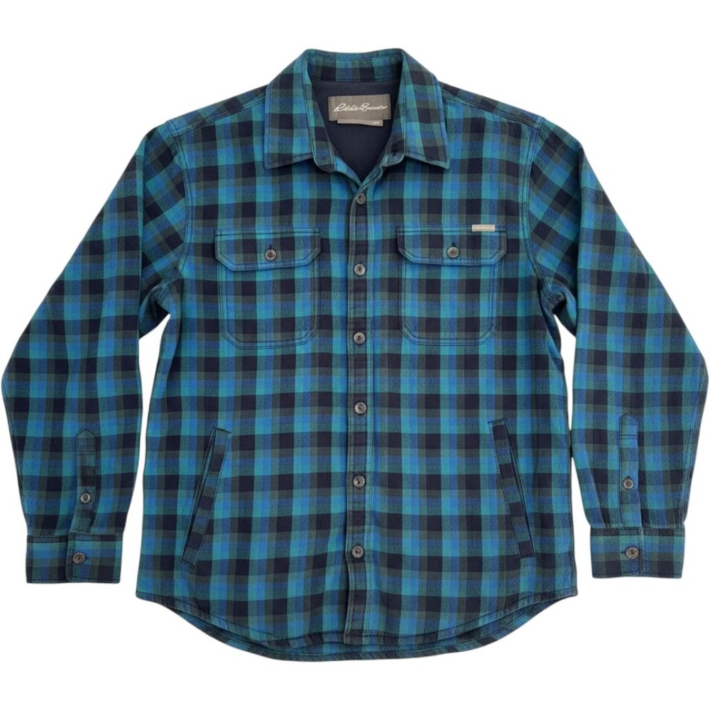 Eddie Bauer Mens XL Fleece Lined Flannel Shirt Jacket Plaid Blue Green Insulated
